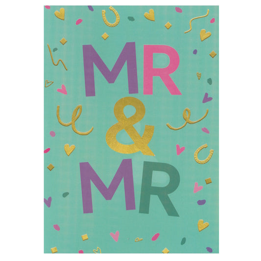 Front of this card features the text "MR & MR" on a green background.