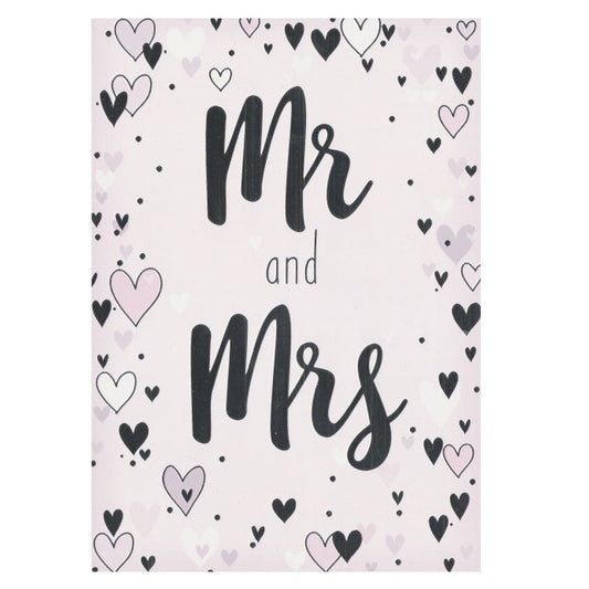 Front of this card features the text "MR & MRS" surrounded by love hearts.