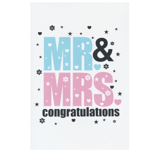 Front of this card features the text 'MR & MRS' in large blue and pink letters, with smaller text 'congratulations' below. Decorated with small stars and hearts.