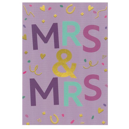 Front of this card features the text "MRS & MRS" on a purple background.