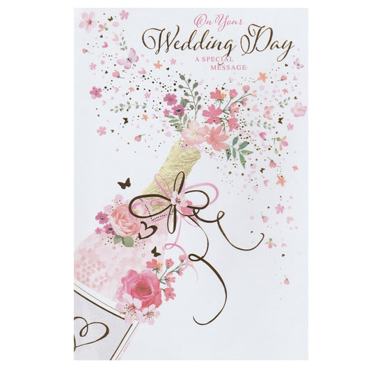 Front of this card features an illustration of a champagne bottle with popping flowers, paired with a message.