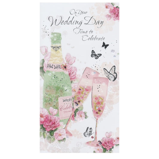 Front of this card features an illustration of a champagne bottle, champagne flutes, butterflies and flowers, paired with a message.
