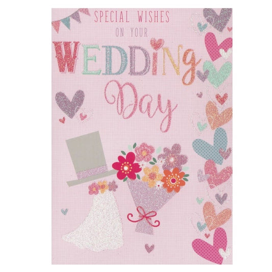 Front of this card features an illustration of multicoloured love hearts and wedding related items with the text 'SPECIAL WISHES ON YOUR WEDDING DAY'.