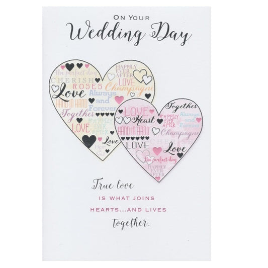 Front of this card features an illustration of two hearts filled with words of love, paired with a message.