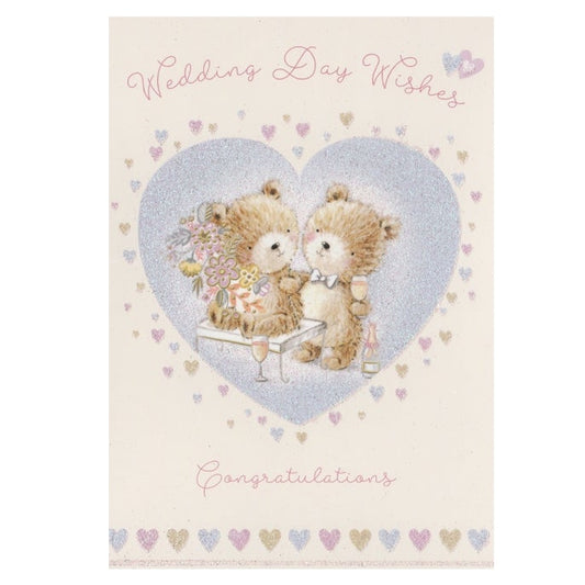Front of this card features an illustration of two teddy bears on a glittered heart shaped background, paired with a message.