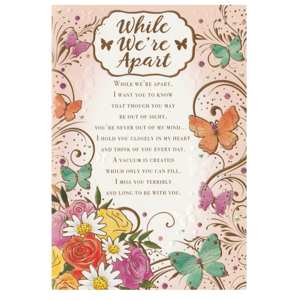 Front of this card features an illustration of multiple coloured butterflies and flowers, paired with a message.