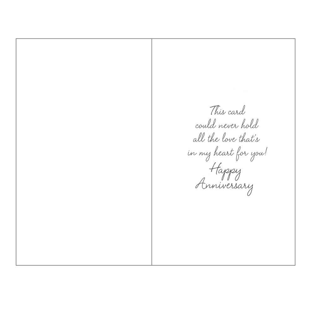 This wife anniversary card has an illustration of two teddy bears holding a bunch of love heart shaped balloons, paired with a message. Gold foil detail.