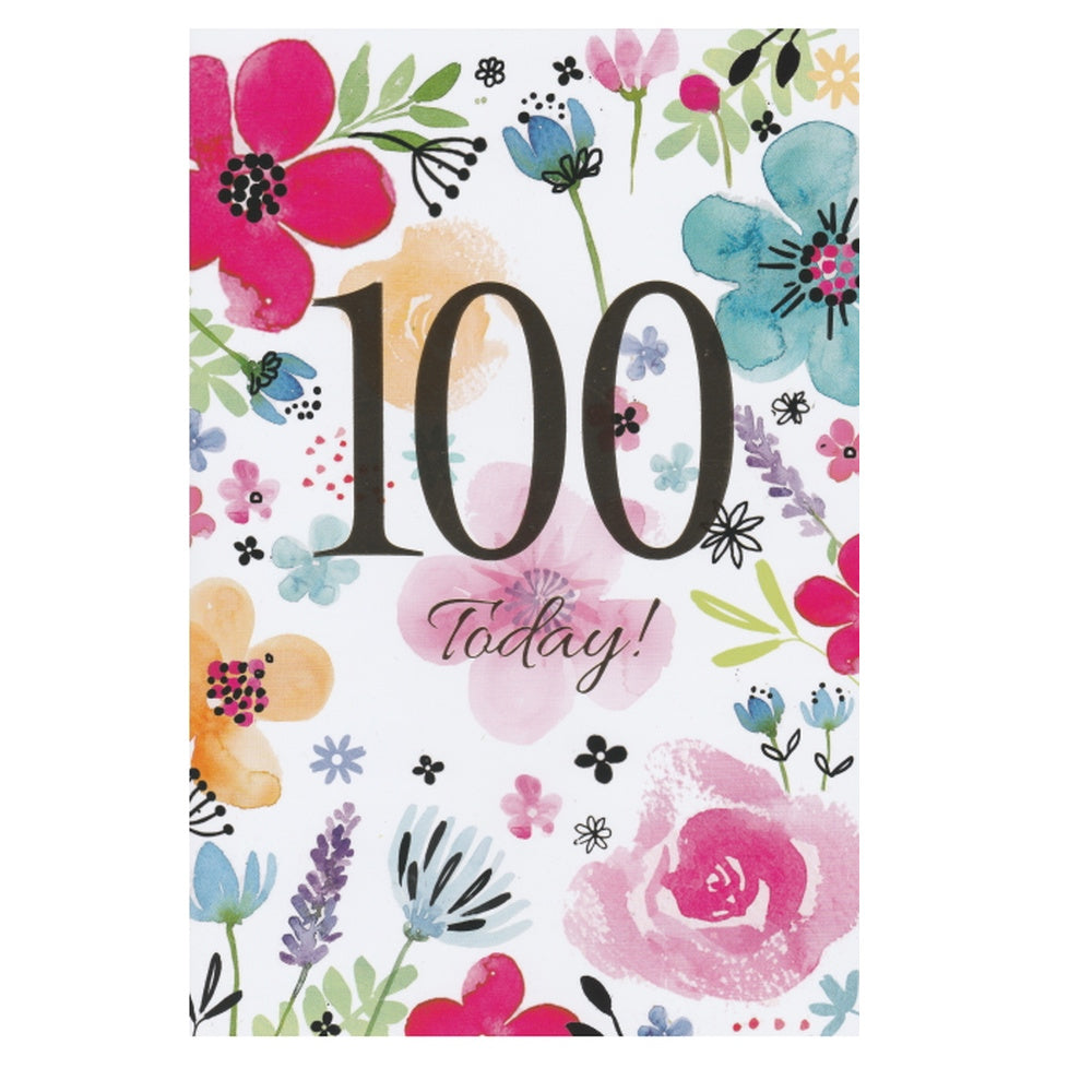 Front of this 100th birthday card features the text '100 TODAY!' on a flowered background.