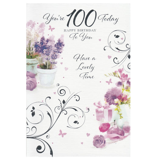 Front of this 100th birthday card features an illustration of flowers & silver swirls, paired with a message.