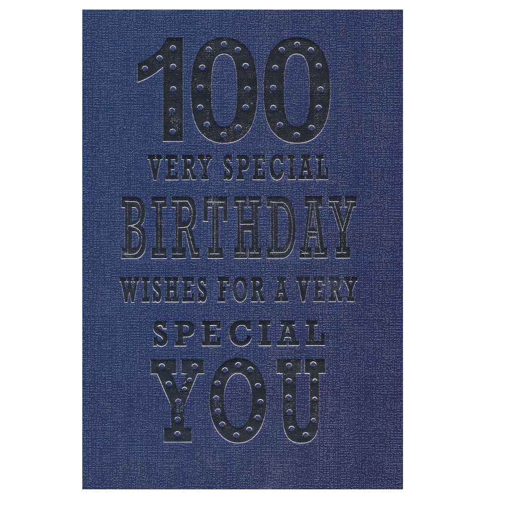 Front of this 100th birthday card features the text '100 VERY SPECIAL BIRTHDAY WISHES FOR A VERY SPECIAL YOU'.
