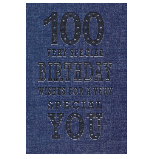 Front of this 100th birthday card features the text '100 VERY SPECIAL BIRTHDAY WISHES FOR A VERY SPECIAL YOU'.