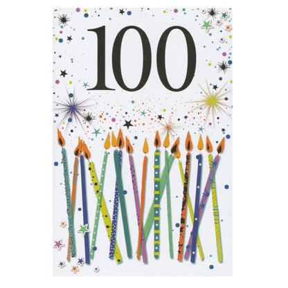 Front of this 100th birthday card features an illustration of multicoloured candles, paired with the text '100'.