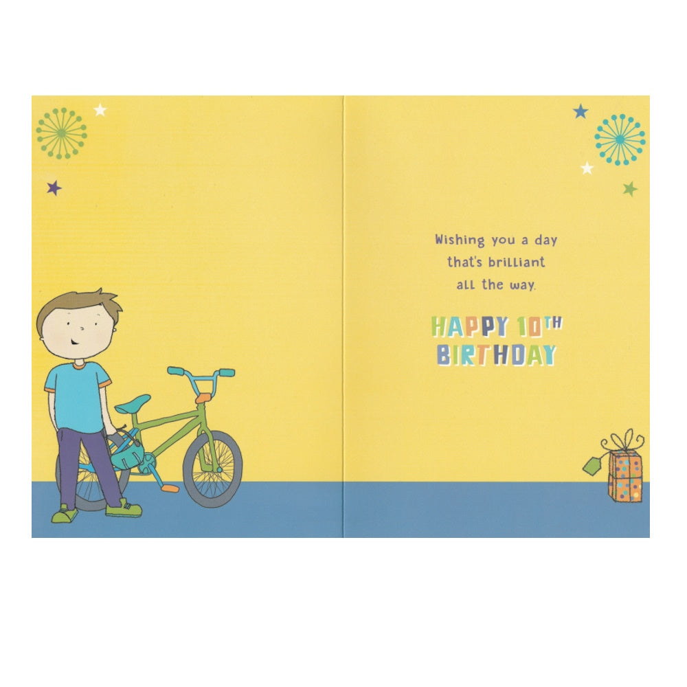 Front of this 10th birthday card features an illustration of a boy with a bicycle, paired with a message.