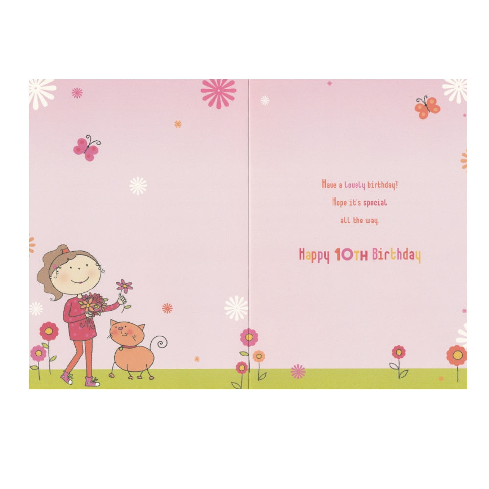 Front of this 10th birthday card features an illustration of a girl and a cat amongst flowers, paired with a message.