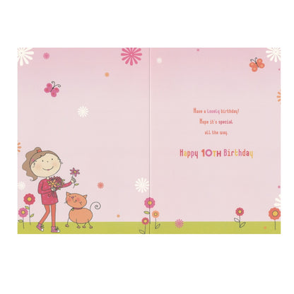 Front of this 10th birthday card features an illustration of a girl and a cat amongst flowers, paired with a message.