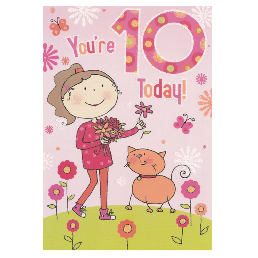 Front of this 10th birthday card features an illustration of a girl and a cat amongst flowers, paired with a message.