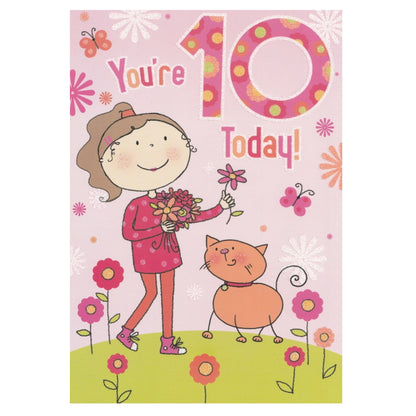 Front of this 10th birthday card features an illustration of a girl and a cat amongst flowers, paired with a message.