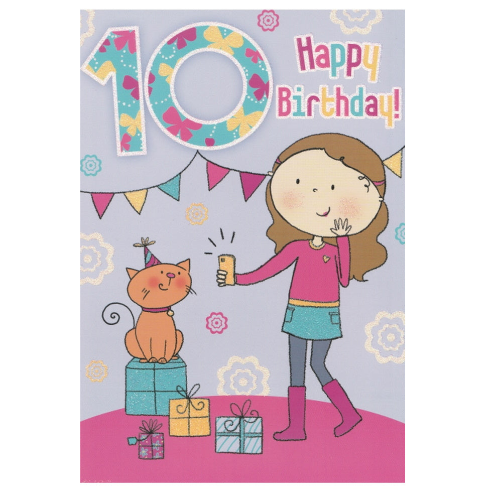 Front of this 10th birthday card features an illustration of a girl taking a selfie, paired with a message.