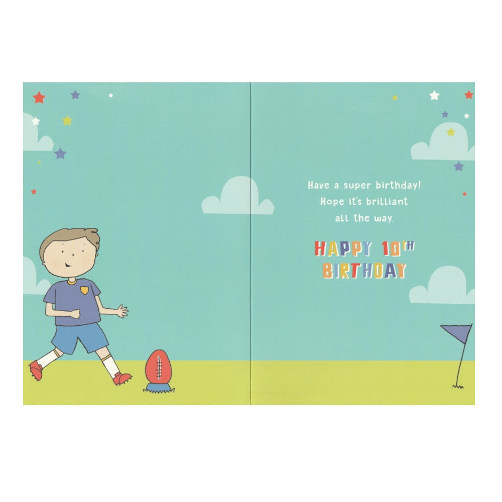Front of this 10th birthday card features an illustration of a boy playing rugby, paired with a message.