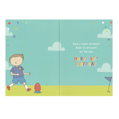Front of this 10th birthday card features an illustration of a boy playing rugby, paired with a message.