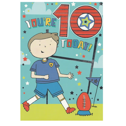 Front of this 10th birthday card features an illustration of a boy playing rugby, paired with a message.