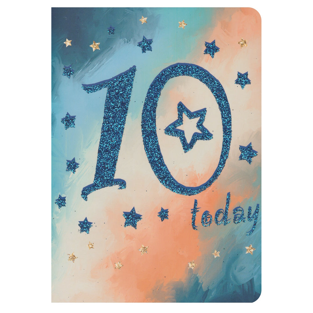 Front of this 10th birthday card features the text '10 Today' on a colourful background.