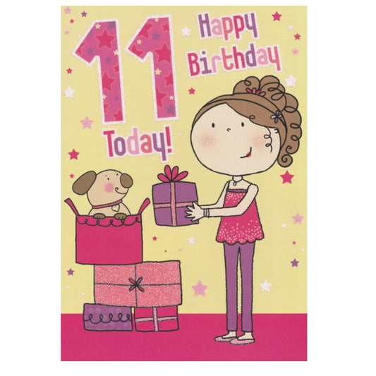 Front of this 11th birthday card features an illustration of a girl standing near a stack of presents, paired with a message.