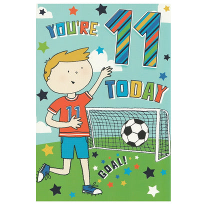 Front of this 11th birthday card features an illustration of a boy scoring a goal, paired with a message.