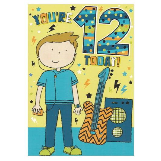 Front of this 12th birthday card features an illustration of a boy with a guitar and a guitar amp, paired with a message.