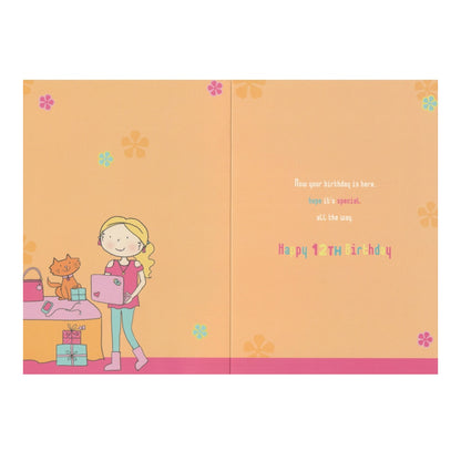 Front of this 12th birthday card card features an illustration of a girl with a pink laptop, paired with a message.