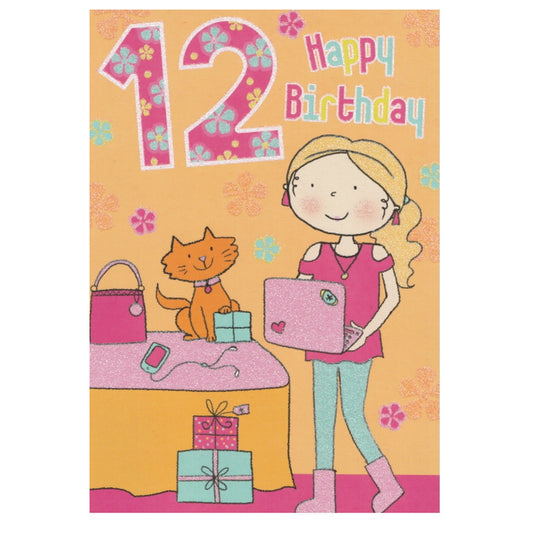 Front of this 12th birthday card card features an illustration of a girl with a pink laptop, paired with a message.