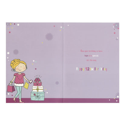 Front of this 12th birthday card features an illustration of a girl with shopping bags and a stack of presents, paired with a message.