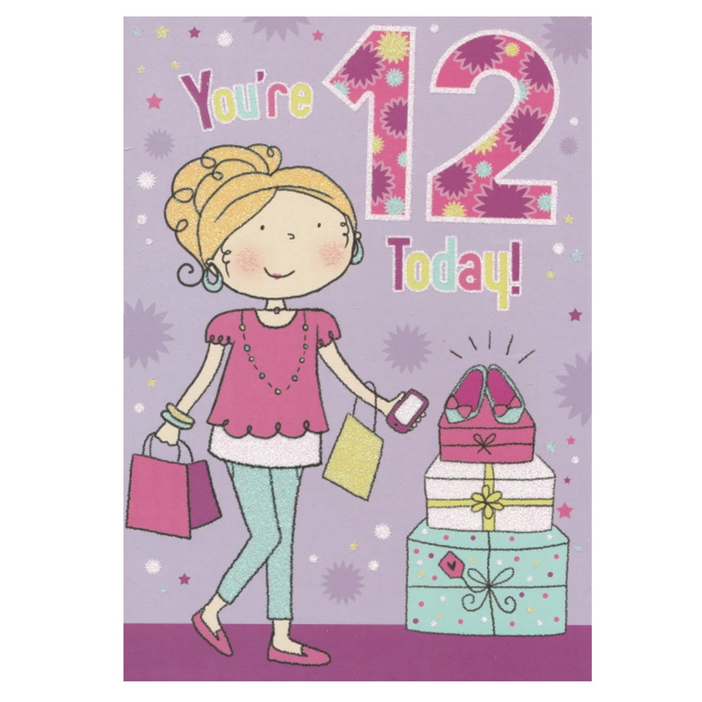 Front of this 12th birthday card features an illustration of a girl with shopping bags and a stack of presents, paired with a message.
