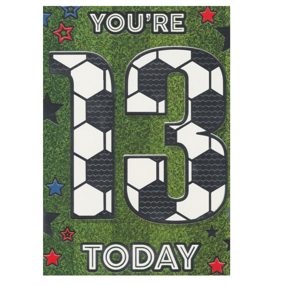 Front of this 13th birthday card features the text 'YOU'RE 13 TODAY' on a green background with stars, paired with a message.