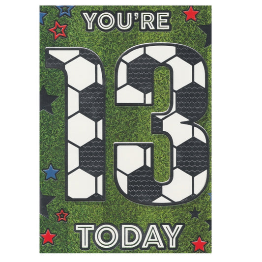 Front of this 13th birthday card features the text 'YOU'RE 13 TODAY' on a green background with stars, paired with a message.