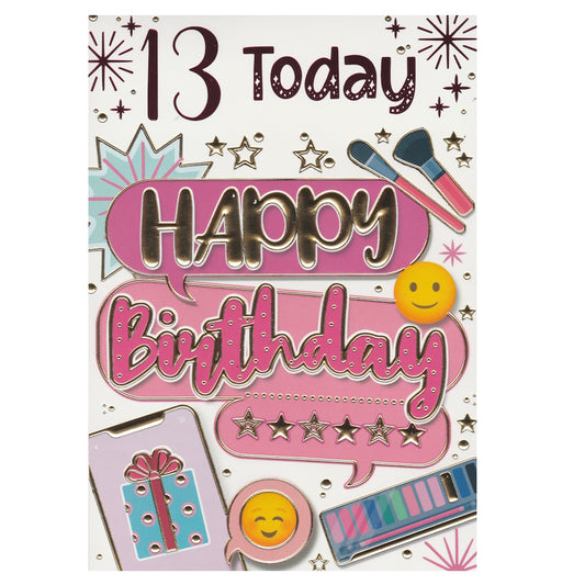 Front of this 13th birthday card features the text '13 Today' 'Happy Birthday' with illustrations of makeup products.