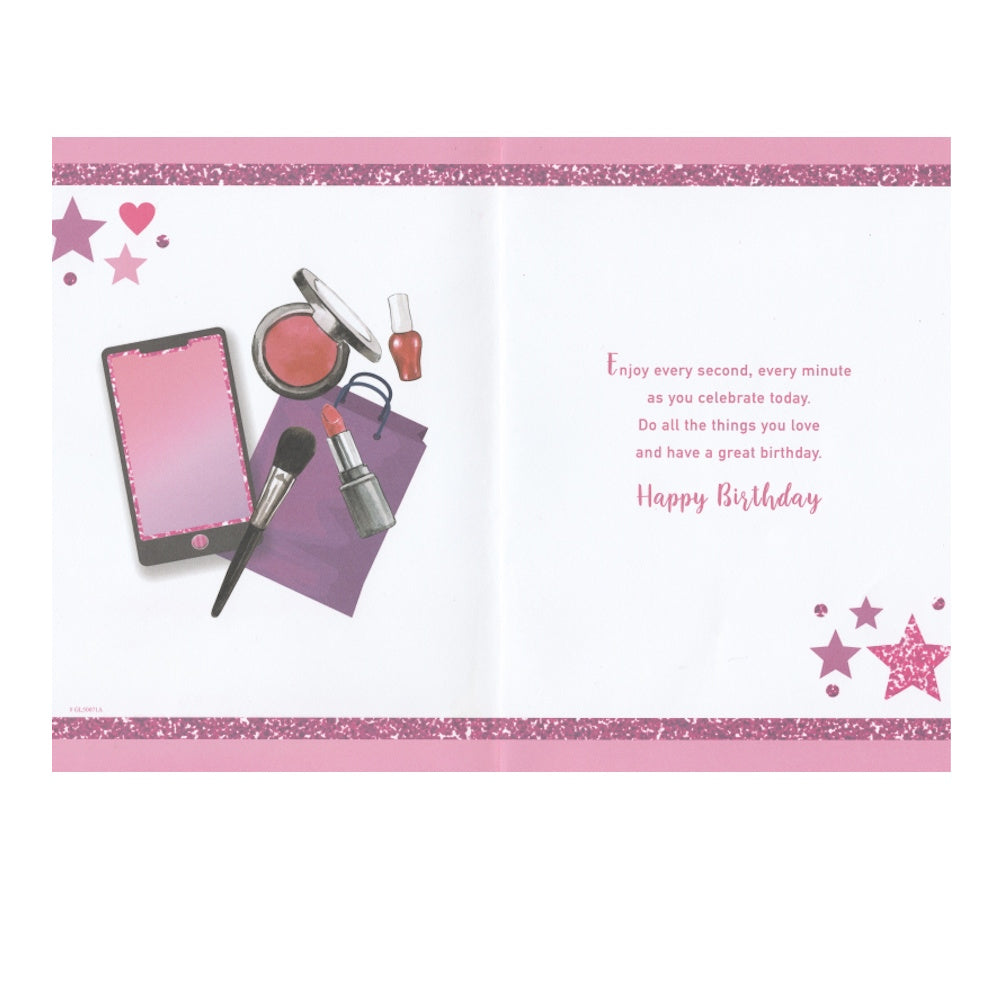 Front of this 13th birthday card features the text 'YOU'RE 13 TODAY' with illustrations of makeup products.
