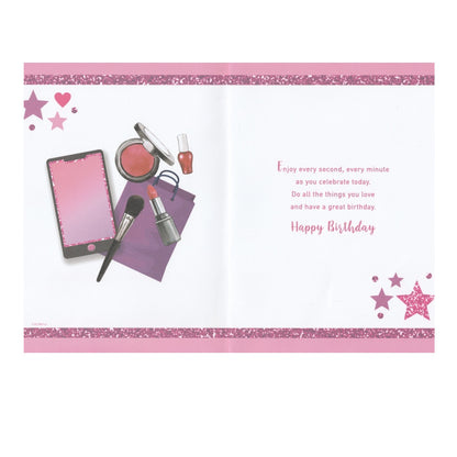 Front of this 13th birthday card features the text 'YOU'RE 13 TODAY' with illustrations of makeup products.