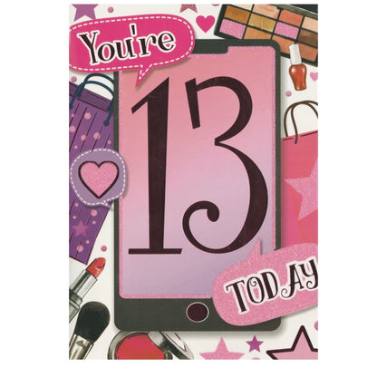Front of this 13th birthday card features the text 'YOU'RE 13 TODAY' with illustrations of makeup products.