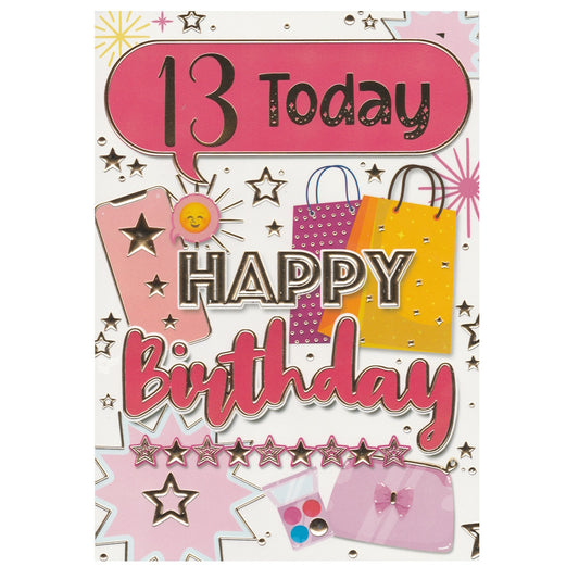 Front of this card features the text '13 Today' 'Happy Birthday' with illustrations of shopping bags.