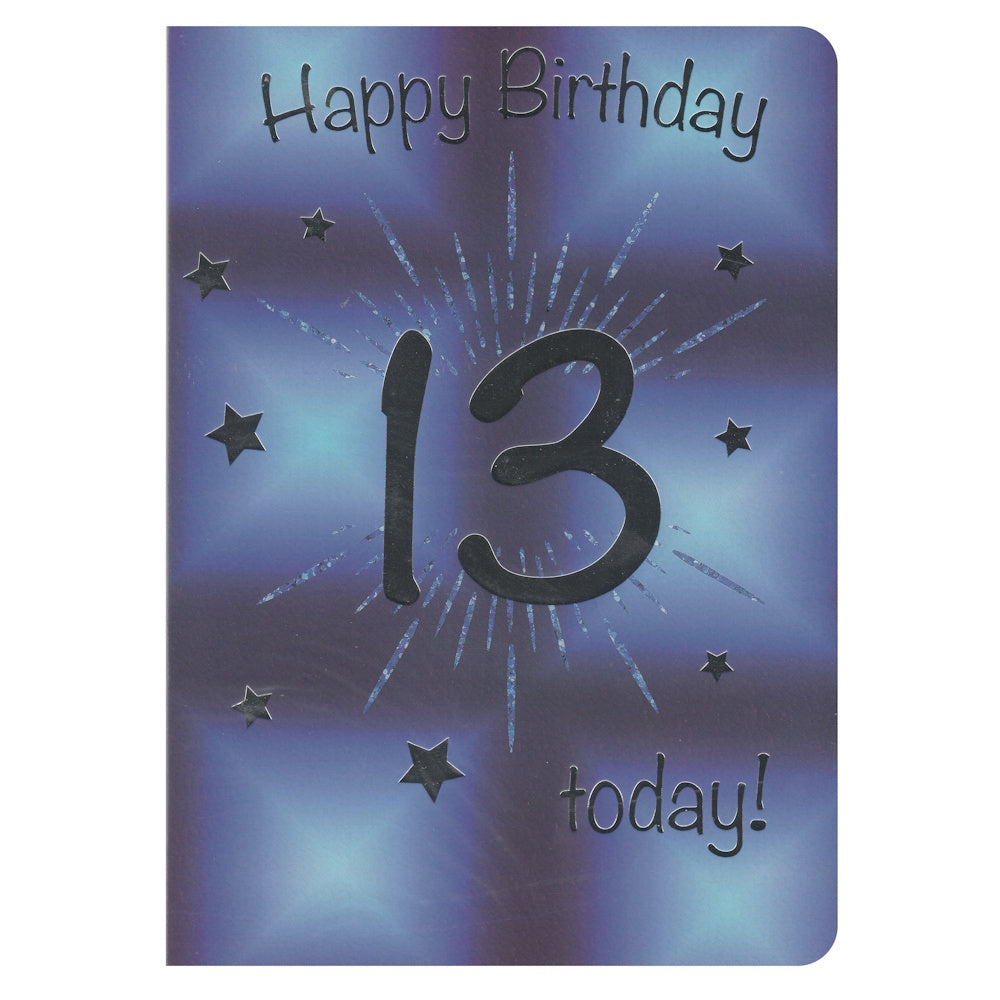 Front of this 13th birthday card features the text 'Happy Birthday 13 today!', surrounded by stars on a blue background.