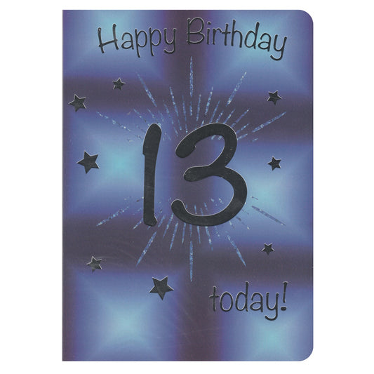 Front of this 13th birthday card features the text 'Happy Birthday 13 today!', surrounded by stars on a blue background.