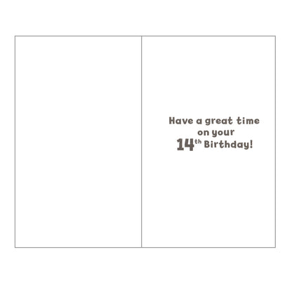 Front of this 14th birthday card features the text 'Happy Birthday 14', surrounded by colourful stars and shapes.