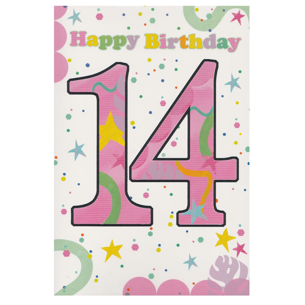 Front of this 14th birthday card features the text 'Happy Birthday 14', surrounded by colourful stars and shapes.