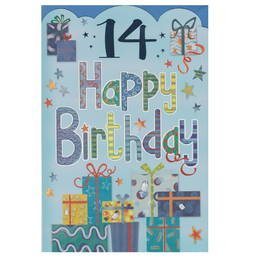 Front of this 14th birthday card features the text '14 Happy Birthday', surrounded by colourful stars and presents.