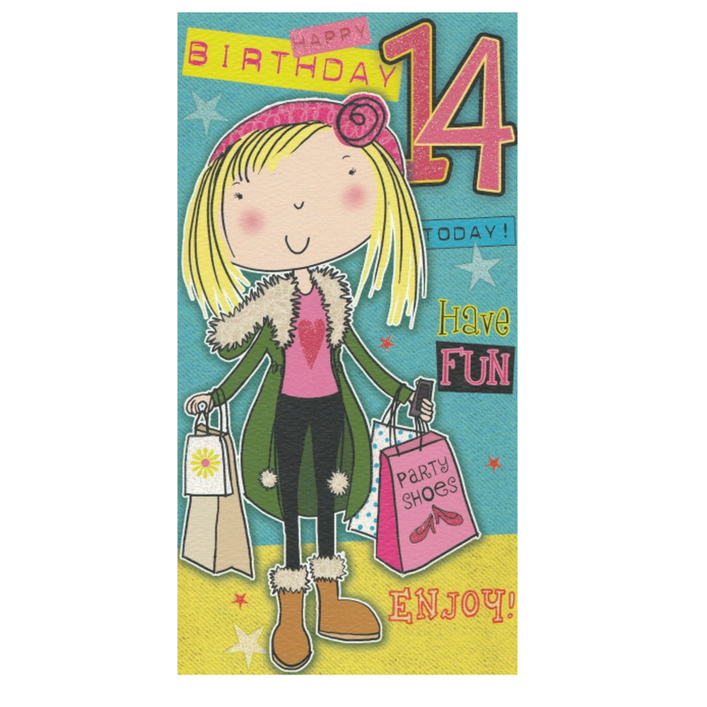 Front of this 14th birthday card  features an illustration of a teenage girl with shopping bags, paired with a message.