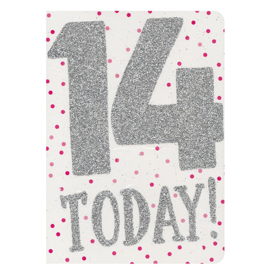 Front of this 14th birthday card features the text '14 TODAY!', surrounded by pink dots on a white background.