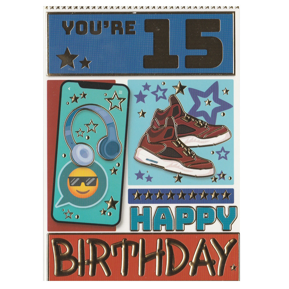Front of this 15th birthday card features the text 'YOU'RE 15 HAPPY BIRTHDAY' with an illustration of headphones and a pair of trainers.