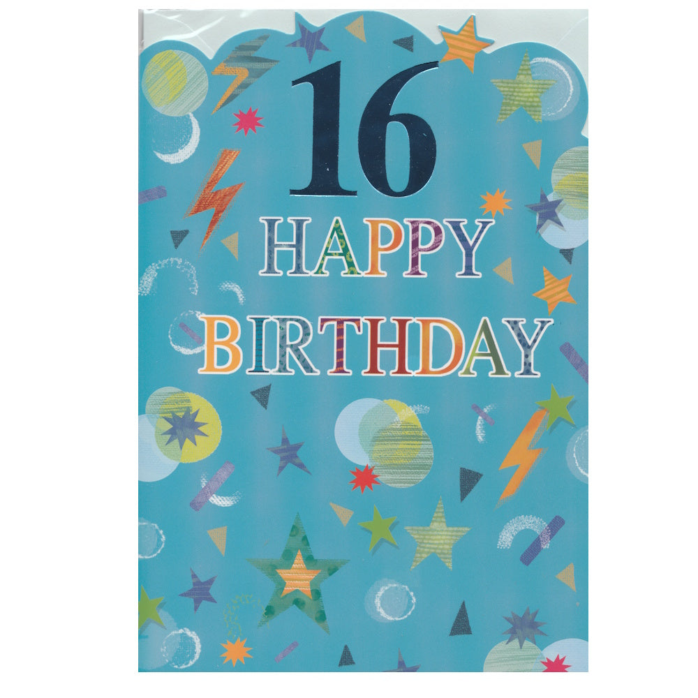 Front of this 16th birthday card features the text '16 Happy Birthday', surrounded by colourful stars and lighting bolts.