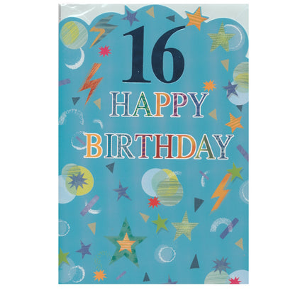 Front of this 16th birthday card features the text '16 Happy Birthday', surrounded by colourful stars and lighting bolts.